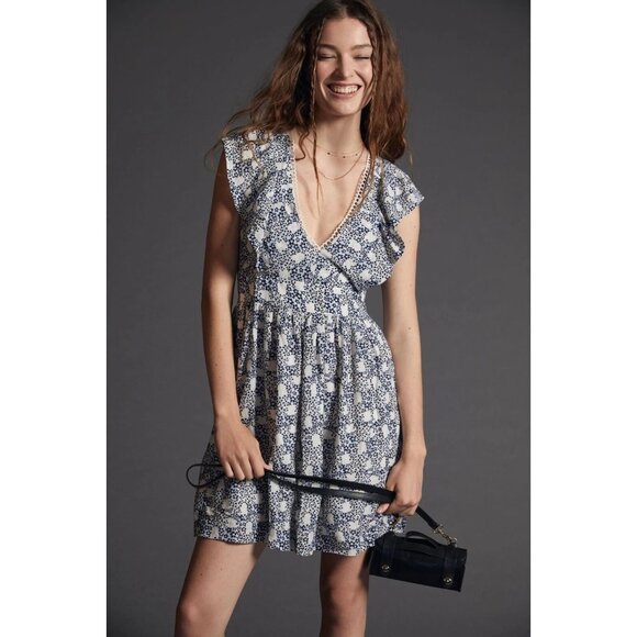 Anthropologie V-Neck Plunge Mini Tunic Dress Blue Cream Size L Garden Party - Picture 2 of 12